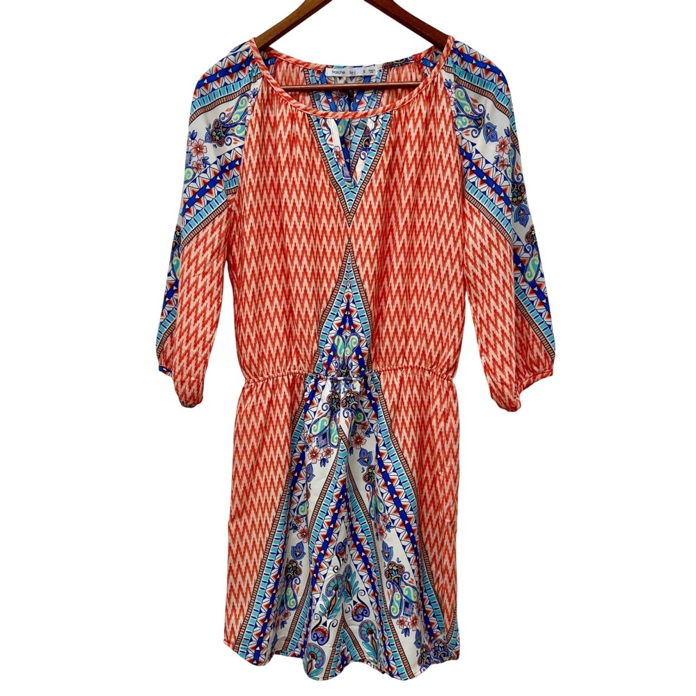 Fraiche by J Women S Orange Geometric Paisley Blouson Mini Dress Boho Festival